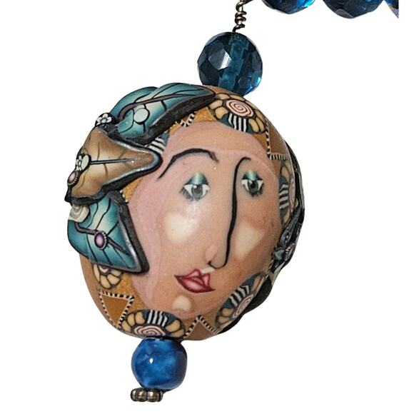 Vintage Jewelry - 1980s Blue Artisan Crafted Polymer Clay Bead Face Pull Through Closure Necklace